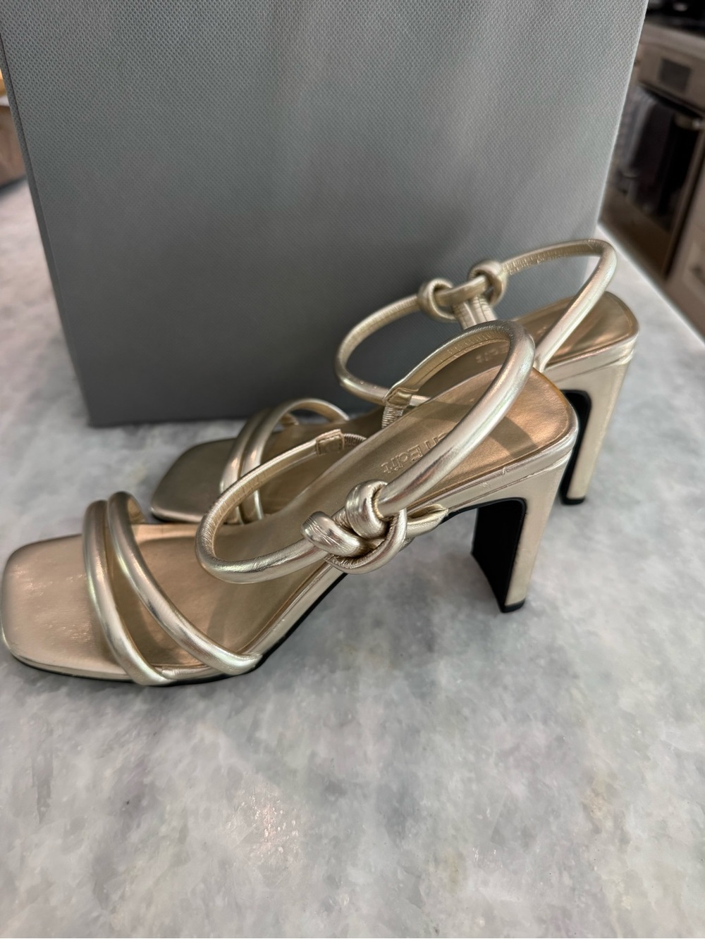 Metallic Gold Knotted Strap Block Heel Sandals